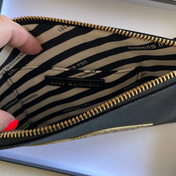 Lulu Guinness black satin pouch with gold glitter lip logo and wrist strap - Picture 4 of 5